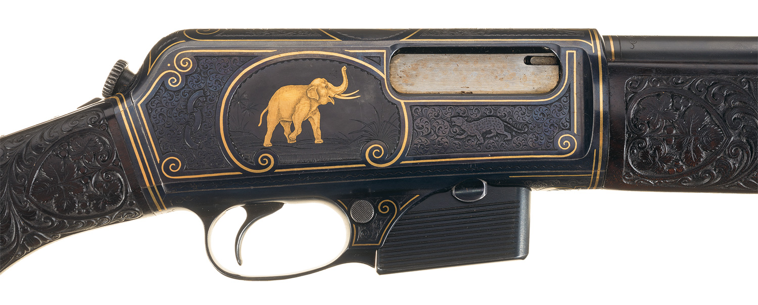 Magnificent John Ulrich Signed Factory Engraved and Big Game Gold Inlaid Winchester Model 1910 Self-Loading Rifle