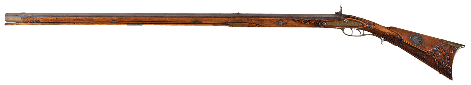 Extraordinary John Armstrong Golden Age Percussion Long Rifle with Raised Relief Carved Stock