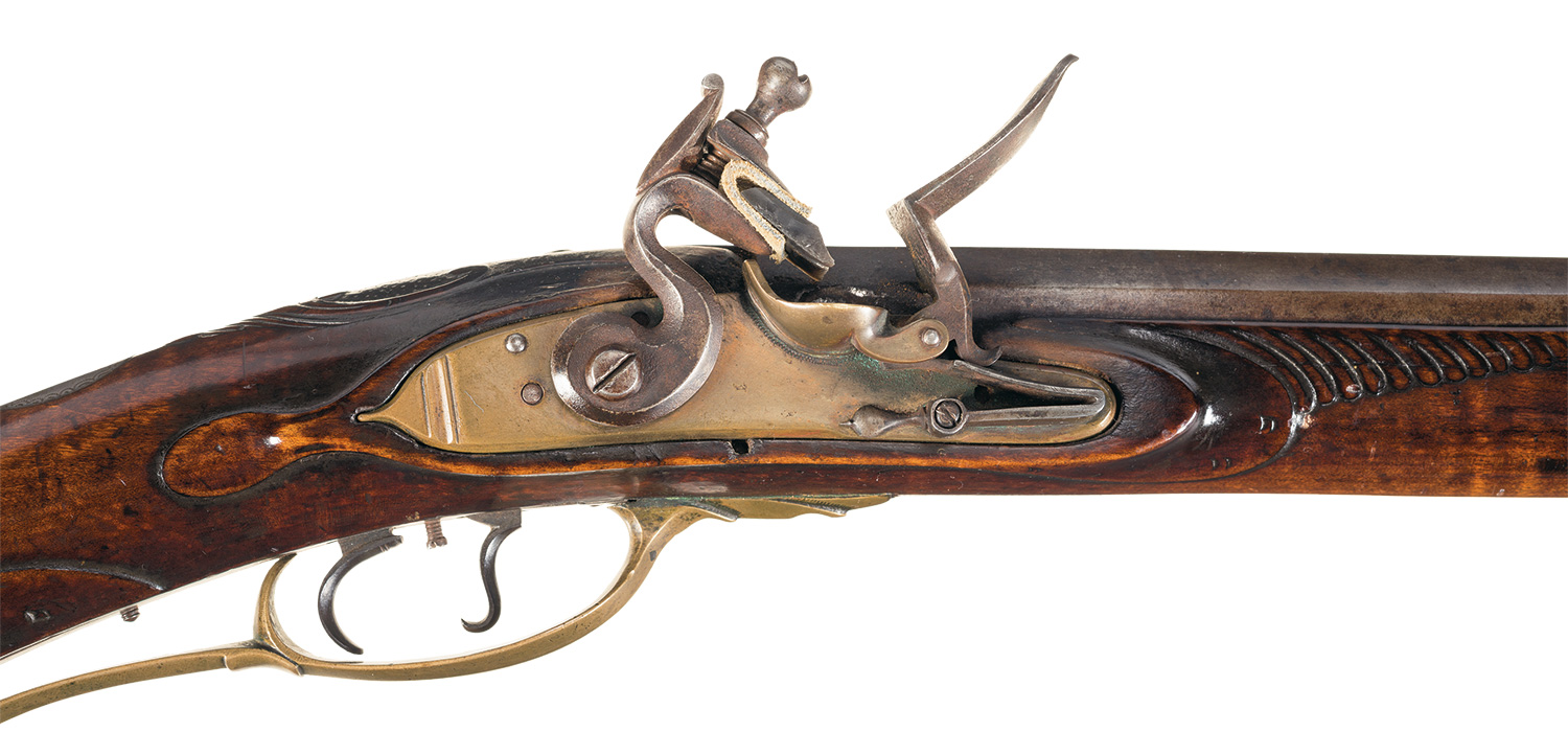 Documented Adam Ernst Golden Age Flintlock Pennsylvania Rifle with Raised Relief Carved Stock and Brass Lock Plate