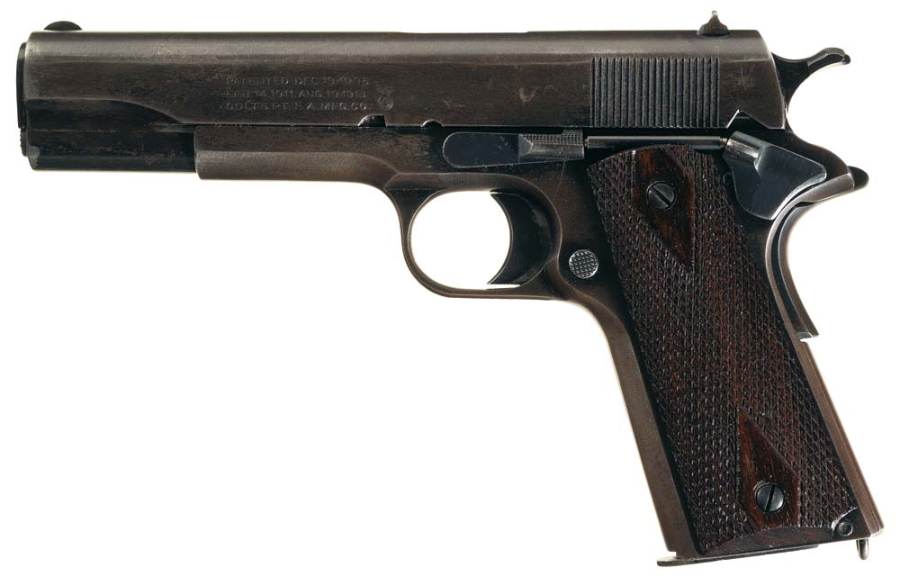 No serial number or government markings appear on pistol, but it bears the "H" inspection mark, 3 line patent info, and the "S in flaming bomb" markings attributed to A.J. Savage Munitions Co.