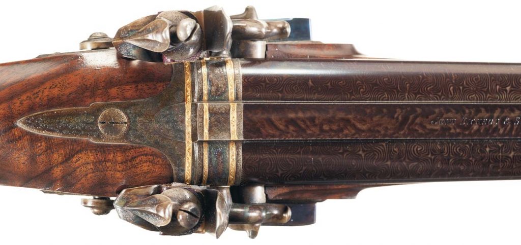 jaw-dropping engraved and gold inlaid John Dickson & Son double barrel Damascus flintlock shotgun