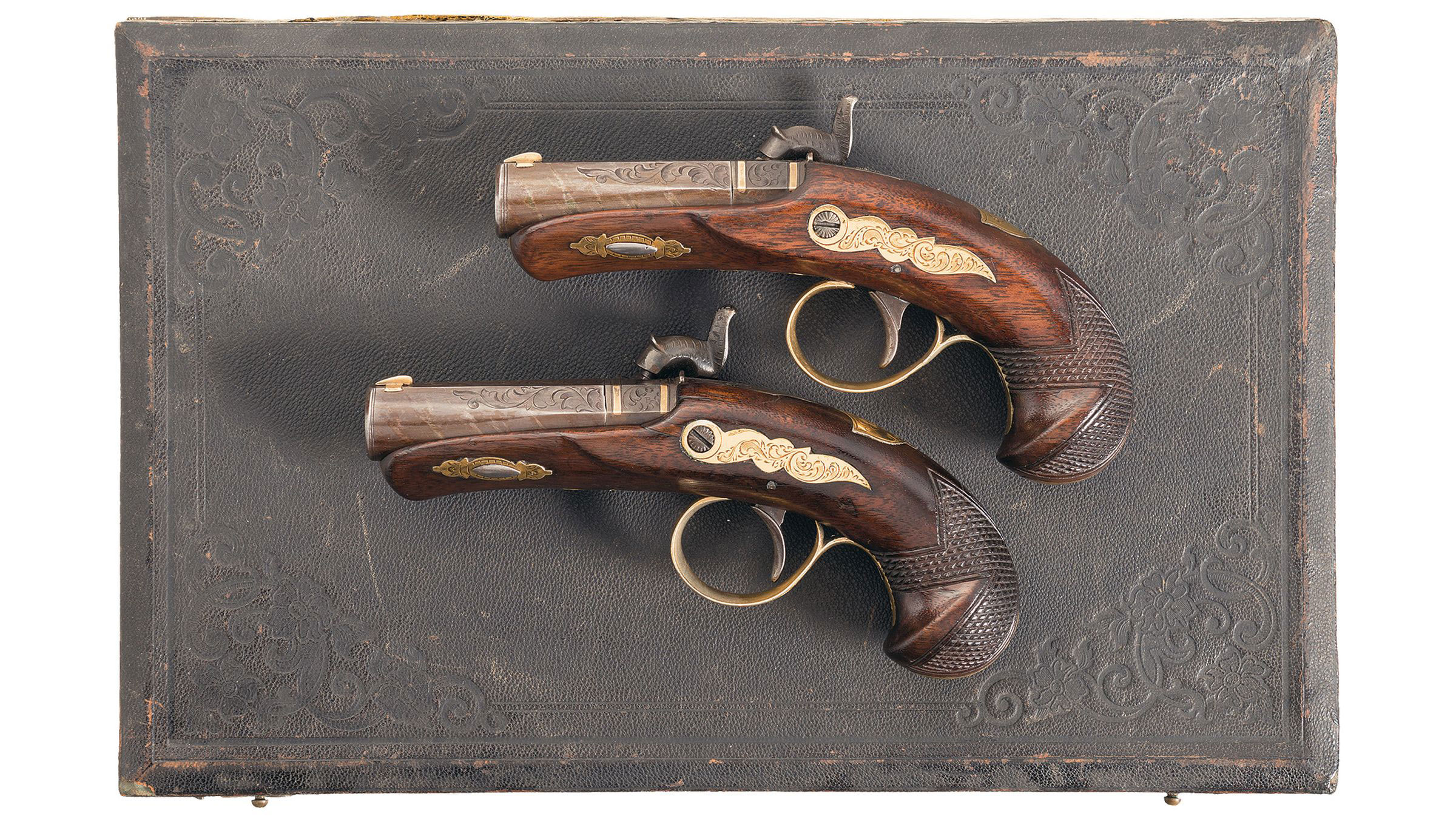 Cased Pair of Gold Accented Deringer Percussion Pocket Pistols