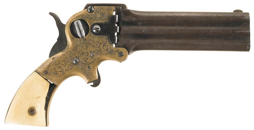 Factory Engraved William Marston Triple-Barrel Derringer with Ivory Grips and Four-Inch Barrels