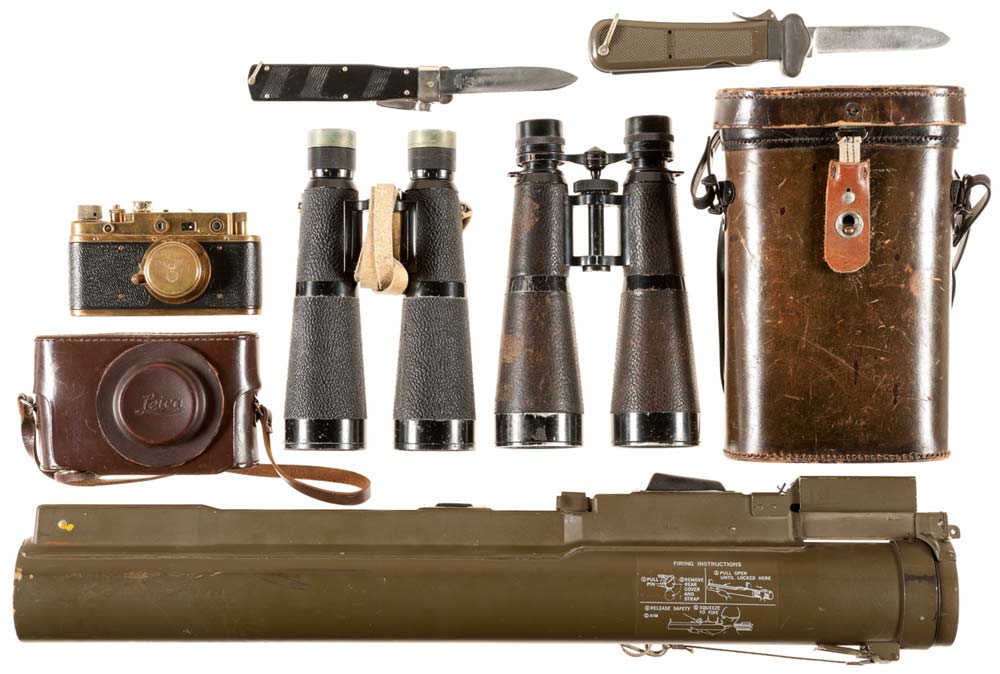 German Marked Camera and Binoculars, Two Gravity Knives and an Inert M72A2 LAW Launch Tube