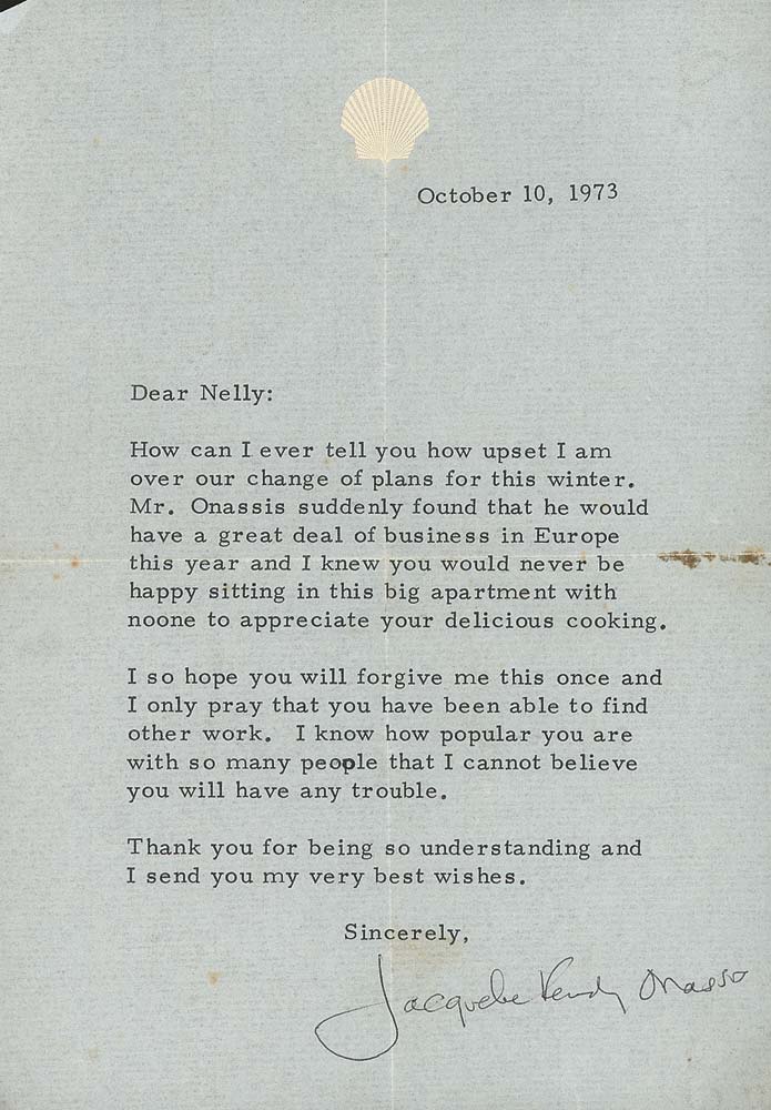 A letter from Jacqueline Kennedy Onassis to Nellie McGrail