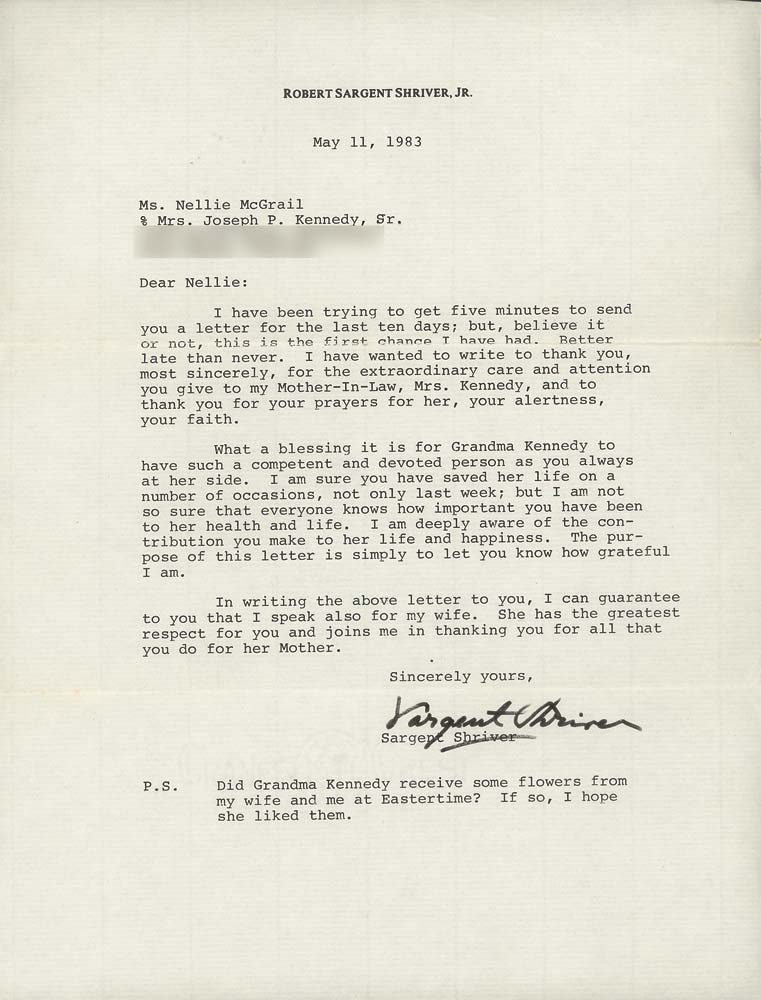 A letter from Sargent Shriver to Nellie McGrail