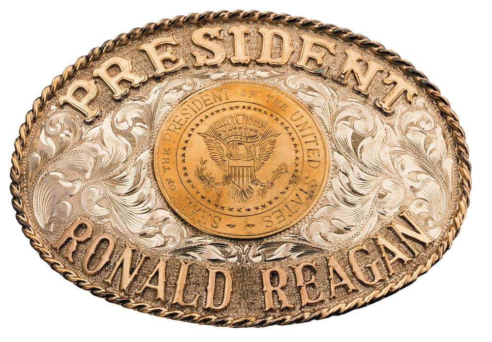Silver Presentation Presidential Belt Buckle that say "President Ronald Reagan"
