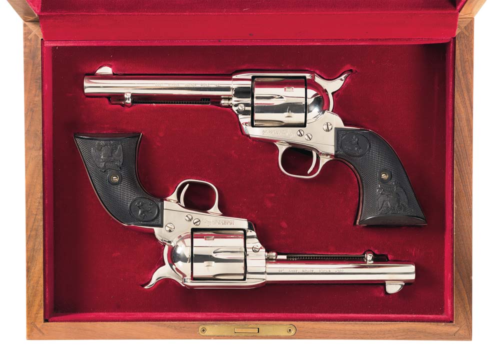 Historic and Superb Fully Documented Cased Consecutively Serialized Pair of Colt Single Action Army Revolvers Presented to Standing 40th U.S. President Ronald Reagan