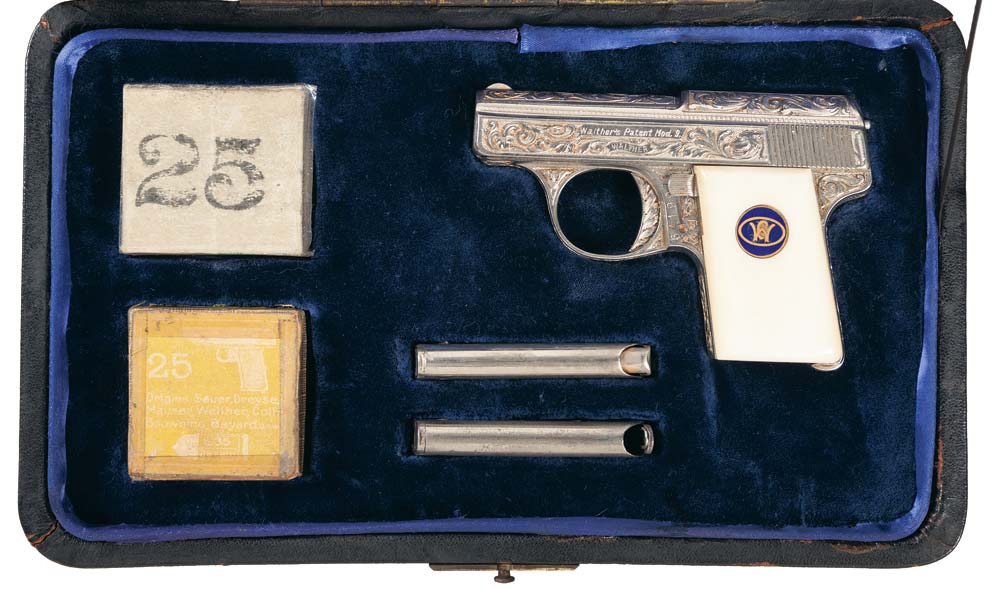 Cased Factory Relief Engraved Walther Model 9 Semi-Automatic Pistol with Ivory Grips Attributed to Adolf Hitler