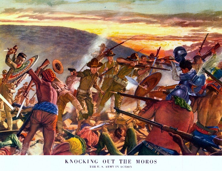 A painting where a U.S. soldier finally wields a 1911 against the Moro.