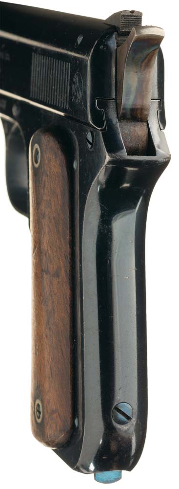 Sight safety visible in front of the hammer spur.  Also notice the case-hardened hammer, screw, and magazine catch.