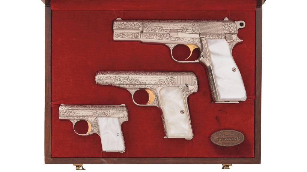 Collector's Cased Set of Three Engraved Belgium Browning Renaissance Semi-Automatic Pistols